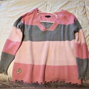 Simply Southern Pink and Gray V-Neck Sweater